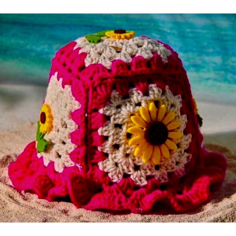 Handmade Pink Crochet Sunflower Granny Square Bucket Hat Boho Festival Floral